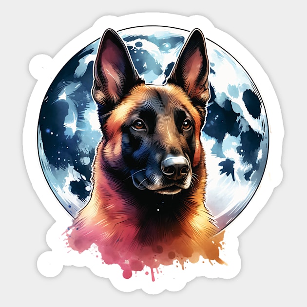 Belgian Malinois And The Moon Sticker by The Jumping Cart